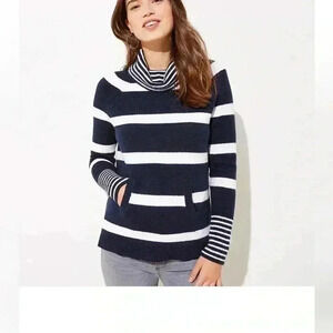 LOFT women’s STRIPED white navy blue POCKET COWL NECK SWEATER size small prelove